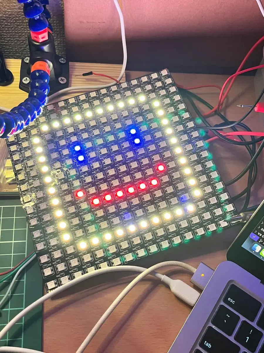 Custom LED matrix showing animated weather graphics